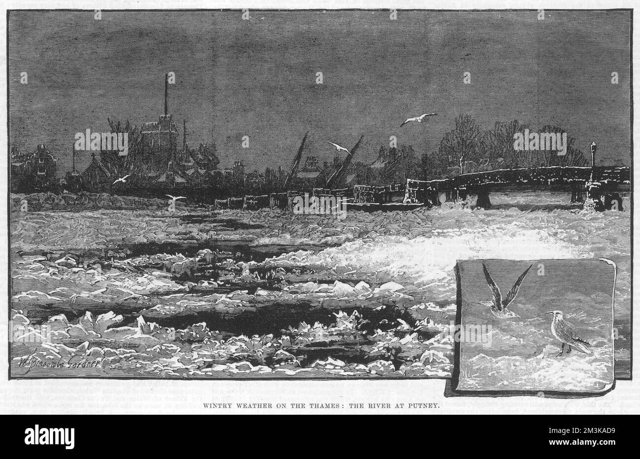 Winterliches Wetter auf der Themse; der Fluss in Putney nach dem Schneesturm vom 18.. Januar 1881. Datum: Januar 1881 Stockfoto