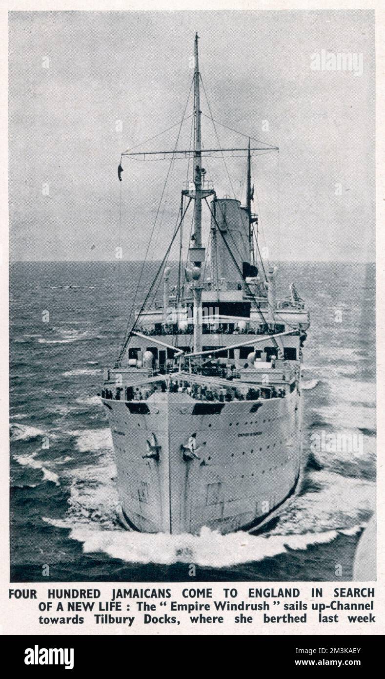 Das Empire Windrush segelt den Ärmelkanal hinauf in Richtung der Londoner Tilbury Docks, mit 400 Jamaikanern, die auf der Suche nach einem neuen Leben nach England gekommen sind. 1948 Stockfoto