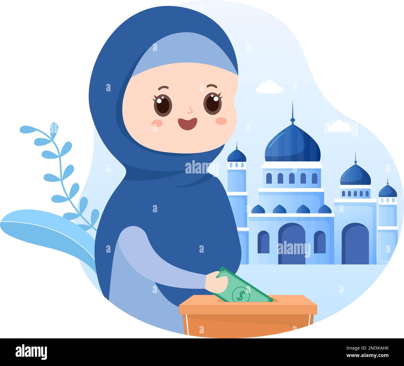 Muslimische Kinder spenden Almosen, Zakat oder Infaq an eine Person, die sie benötigt, in der Abbildung „flache Cartoon-Poster, handgezogene Vorlagen“ Stock Vektor