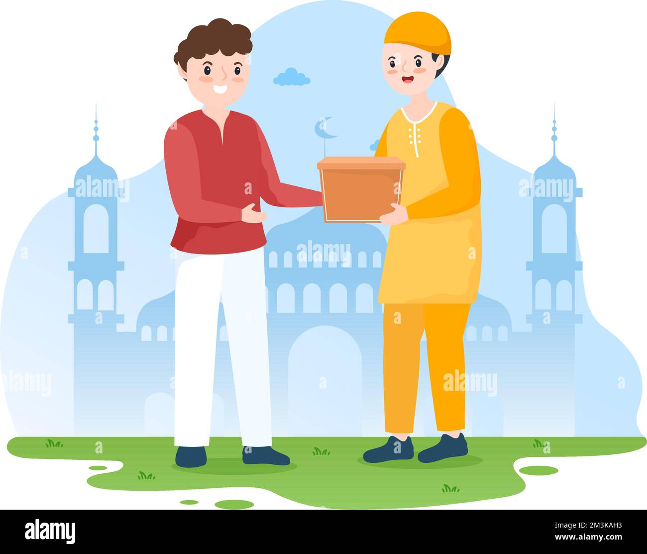 Muslimische Menschen spenden Almosen, Zakat oder Infaq an eine Person, die sie benötigt, in der Abbildung „Flat Cartoon Poster Hand Drawn Templates“ Stock Vektor