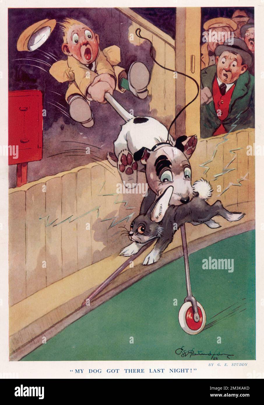 Humorvolle Illustration von George Studdy, dem Schöpfer von Bonzo, mit einem Bonzo-ähnlichen Hund, der die Abläufe auf der Windhundbahn vermasselt. Das Guthaben sollte lauten: Nachlass von George Studdy/Gresham Marketing Ltd./ILN/Mary Evans Datum: 1928 Stockfoto