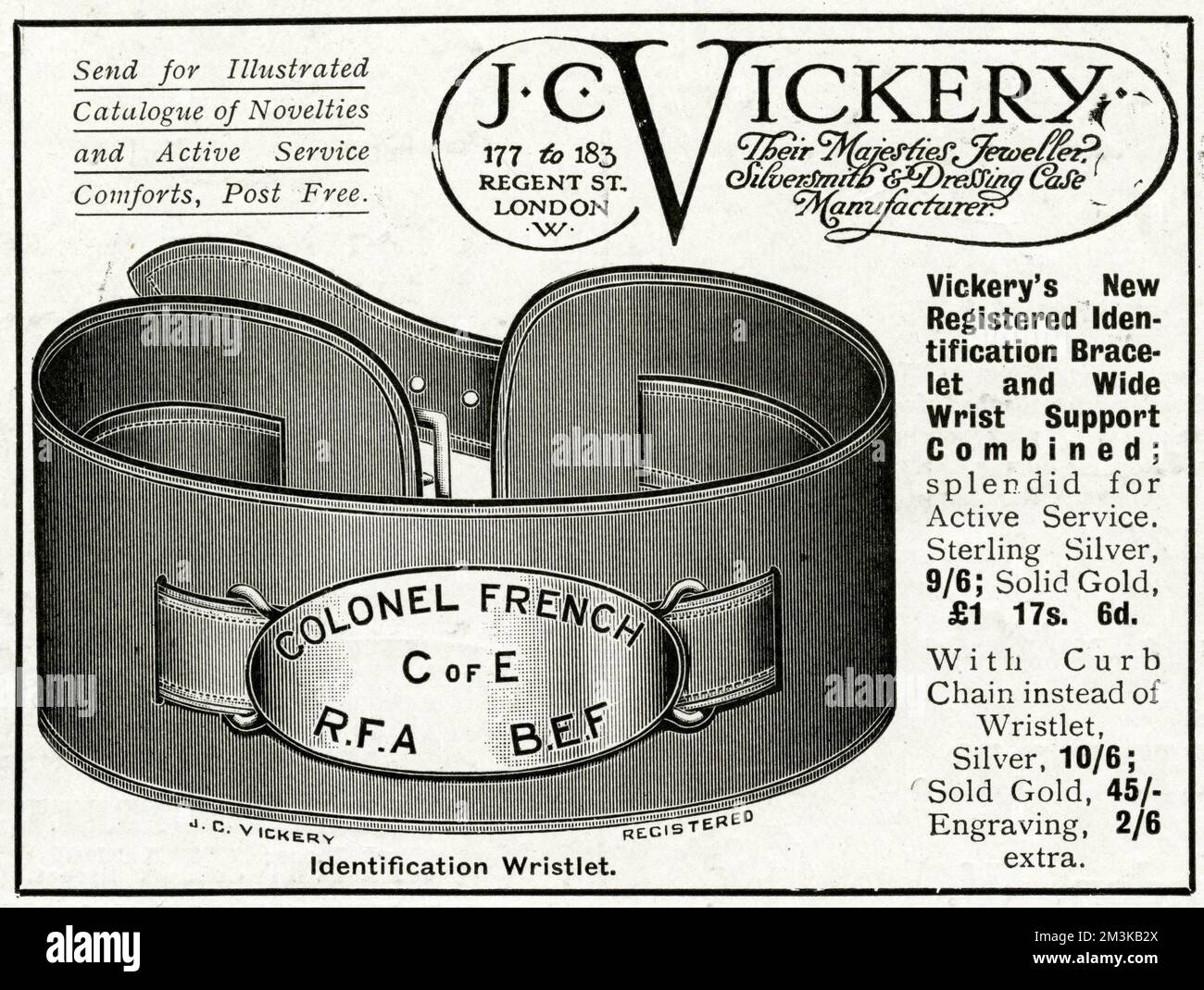 Werbung für J.. C Vickery Erkennungsarmbänder 1916 Stockfoto