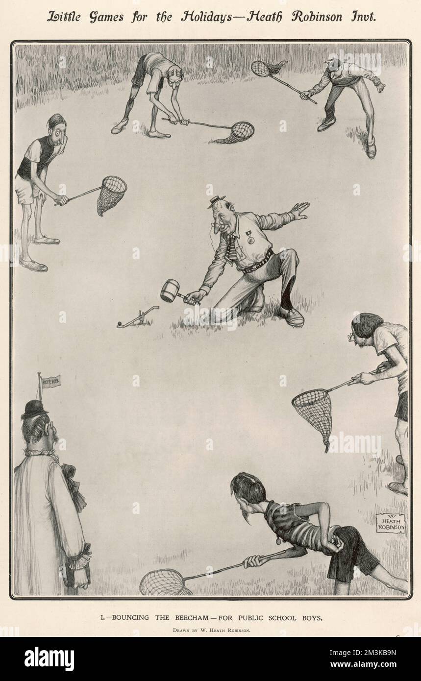 Ein neugieriges Spiel, erfunden von Heath Robinson, bei dem ein winziger Ball oder Beechum durch die kräftige Verwendung eines Hammers in die Luft geworfen wird, während eine Reihe von Schuljungen darauf warten, ihn mit gepackten Netzen zu fangen. Die Popularität des Beechum-Cartoons war so groß, dass viele Leute das Spiel echt nachahmen! Copyright: Mit freundlicher Genehmigung der Estate of Mrs J. C. Robinson/Pollinger Ltd/Mary Evans Picture Library/ILN Datum: 1910 Stockfoto