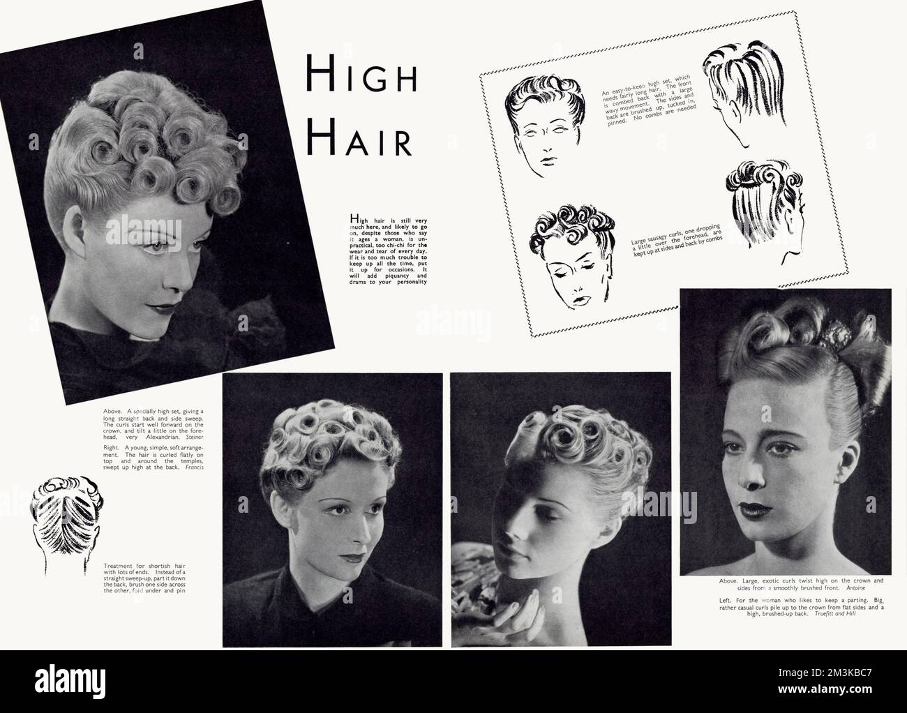Hohes Haar mit langem geradem Rücken, seitlicher Wischbewegung und Locken weit nach vorne auf der Krone waren 1938 in hohem Maße die Mode. 1938 Stockfoto