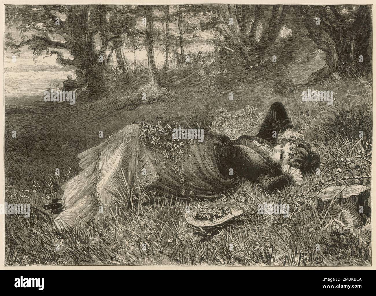 Eine junge Dame mit den Armen hinter dem Kopf, lehnt sich auf einem Feld zurück. Blumen sind überall um sie herum verstreut, sogar in dem Hut, der an ihrer Seite liegt. Datum: 2.. Oktober 1875 Stockfoto