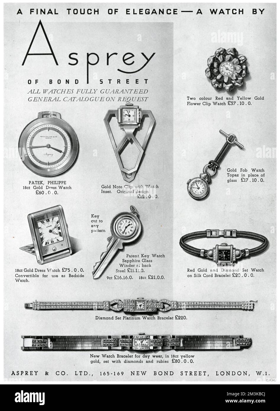 Asprey Auswahl an Uhren von Schlüsseln, Nachttisch, goldenen Notizzetteln, Armbanduhren mit Kordelarmband und Armbanduhren. Datum: 1938 Stockfoto