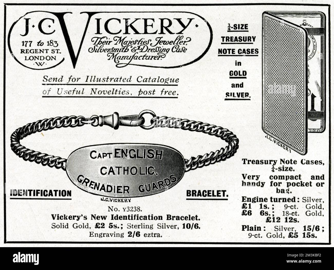 Werbung für J.. C Vickery Erkennungsarmbänder 1916 Stockfoto