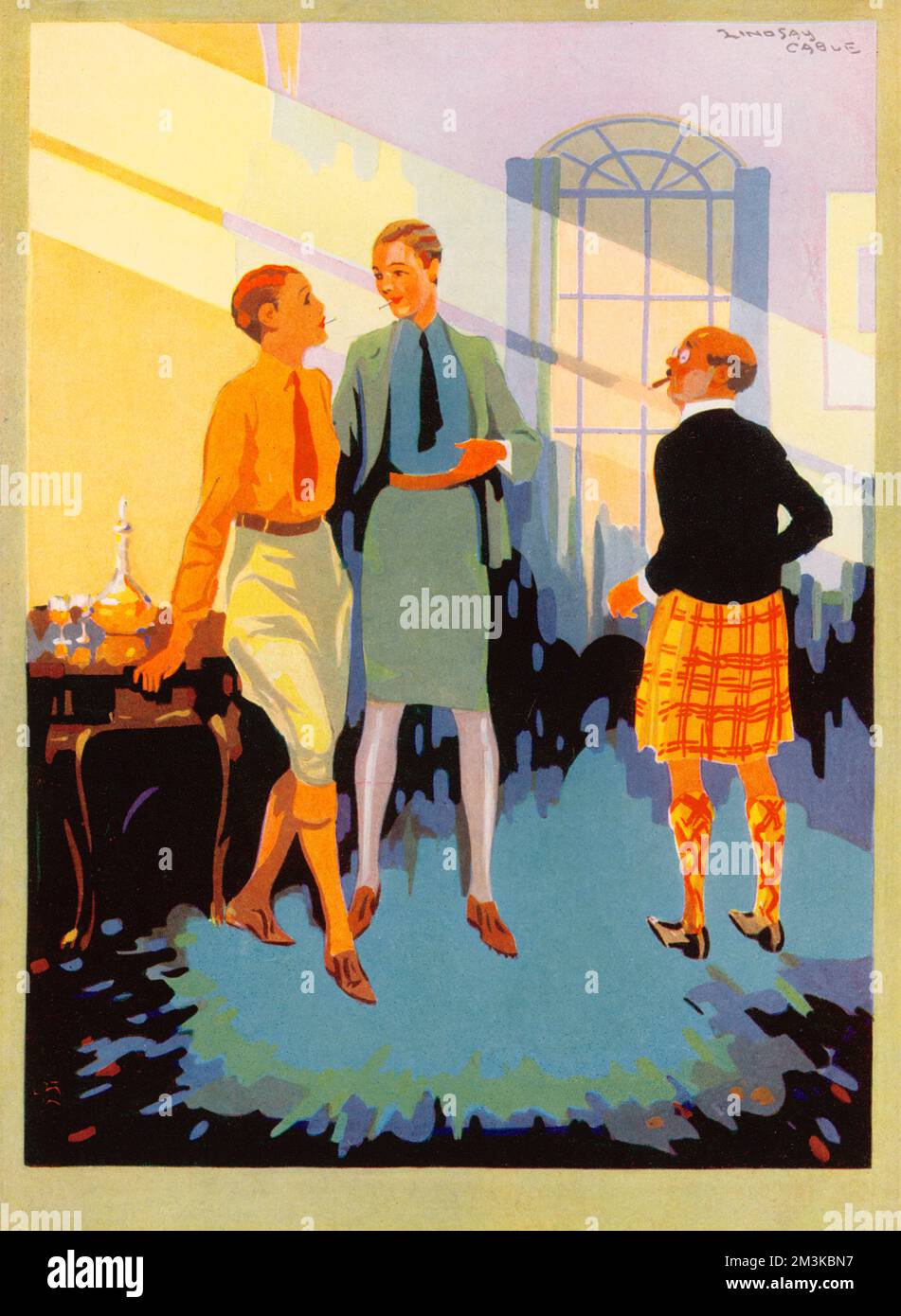 Zwei Frauen in männlichen Outfits aus Hemden, Krawatten, flachen Schuhen und, im Falle einer, Knickerbocker oder Plus-Fours, rauchen Zigaretten und kommentieren einen vorbeiziehenden Gentleman, der einen Kilt trägt. Datum: 1930 Stockfoto