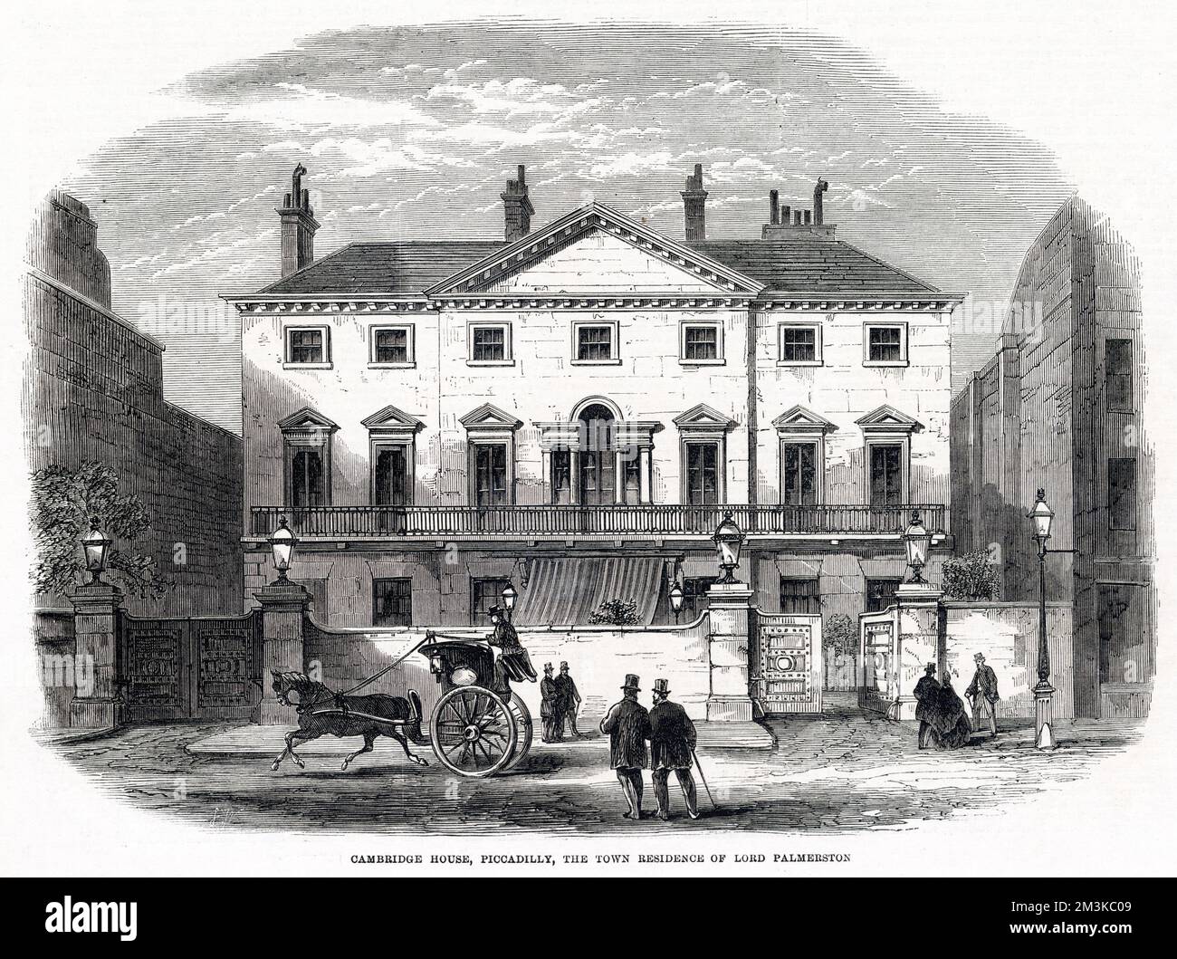Ein Hansom-Taxi fährt vorbei am Cambridge House, Piccadilly, London, der Residenz von Lord Palmerston. Stockfoto