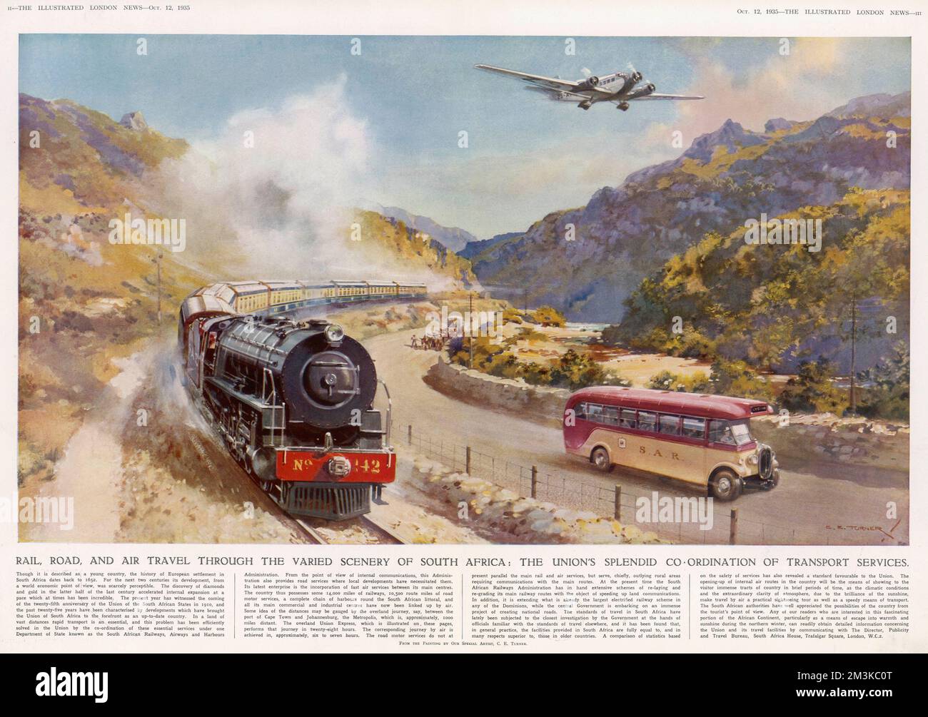 Die Koordinierung der Verkehrsdienste in Südafrika - Eisenbahn-, Straßen- und Luftverkehr. Ein Bild, das die Infrastrukturfortschritte der Union der südafrikanischen Staaten priesst. Datum: 1935 Stockfoto
