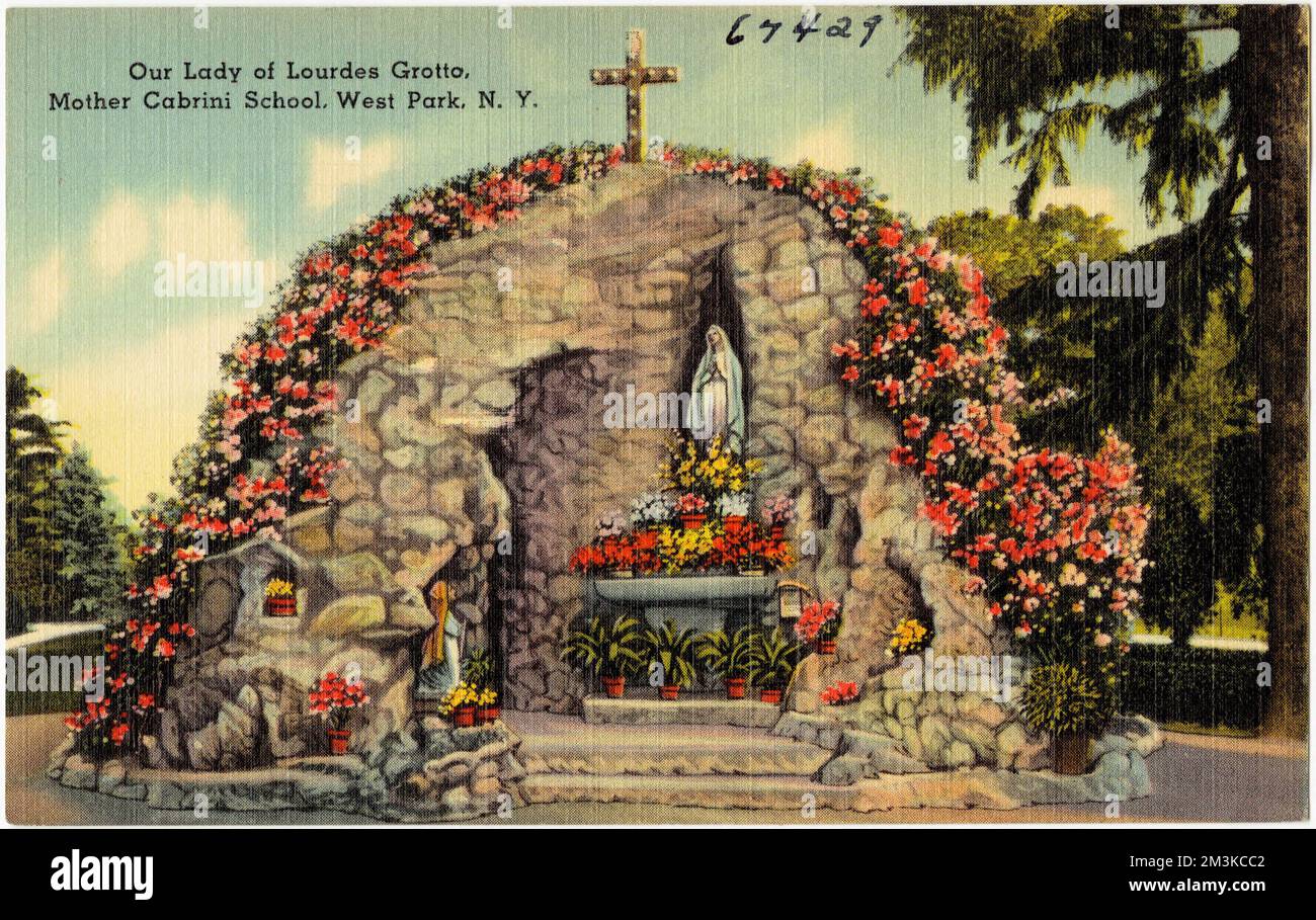 Unsere Lady von Lourdes Grotto, Mutter Cabrini Schule, West Park, N. Y. , Tichnor Brothers Collection, Postkarten der Vereinigten Staaten Stockfoto