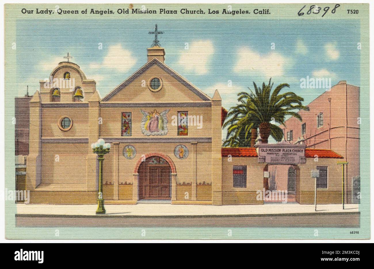 Unsere Lady, Königin der Engel, Old Mission Plaza Church, Los Angeles, Kalifornien , Kirchen, Tichnor Brothers Collection, Postkarten der Vereinigten Staaten Stockfoto