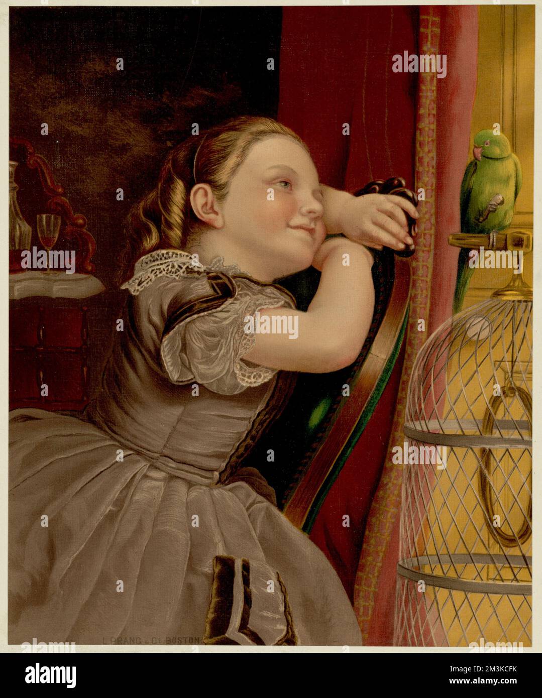 Unsere Pollys, Mädchen, Papageien. Louis Prang & Company Kollektion Stockfoto