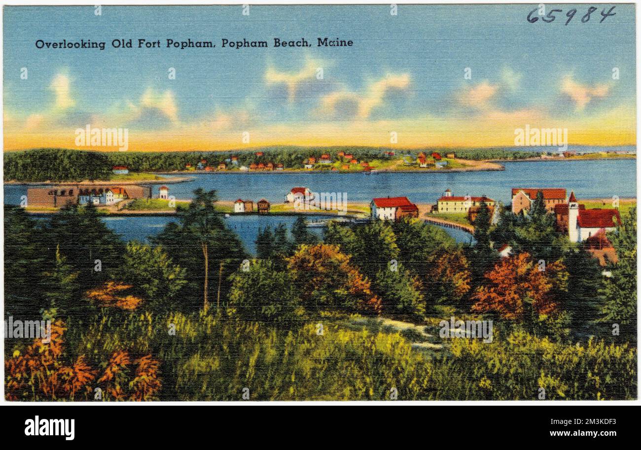 Blick auf Old Fort Popham, Popham Beach, Maine, Städte und Städte, Tichnor Brothers Collection, Postkarten der Vereinigten Staaten Stockfoto