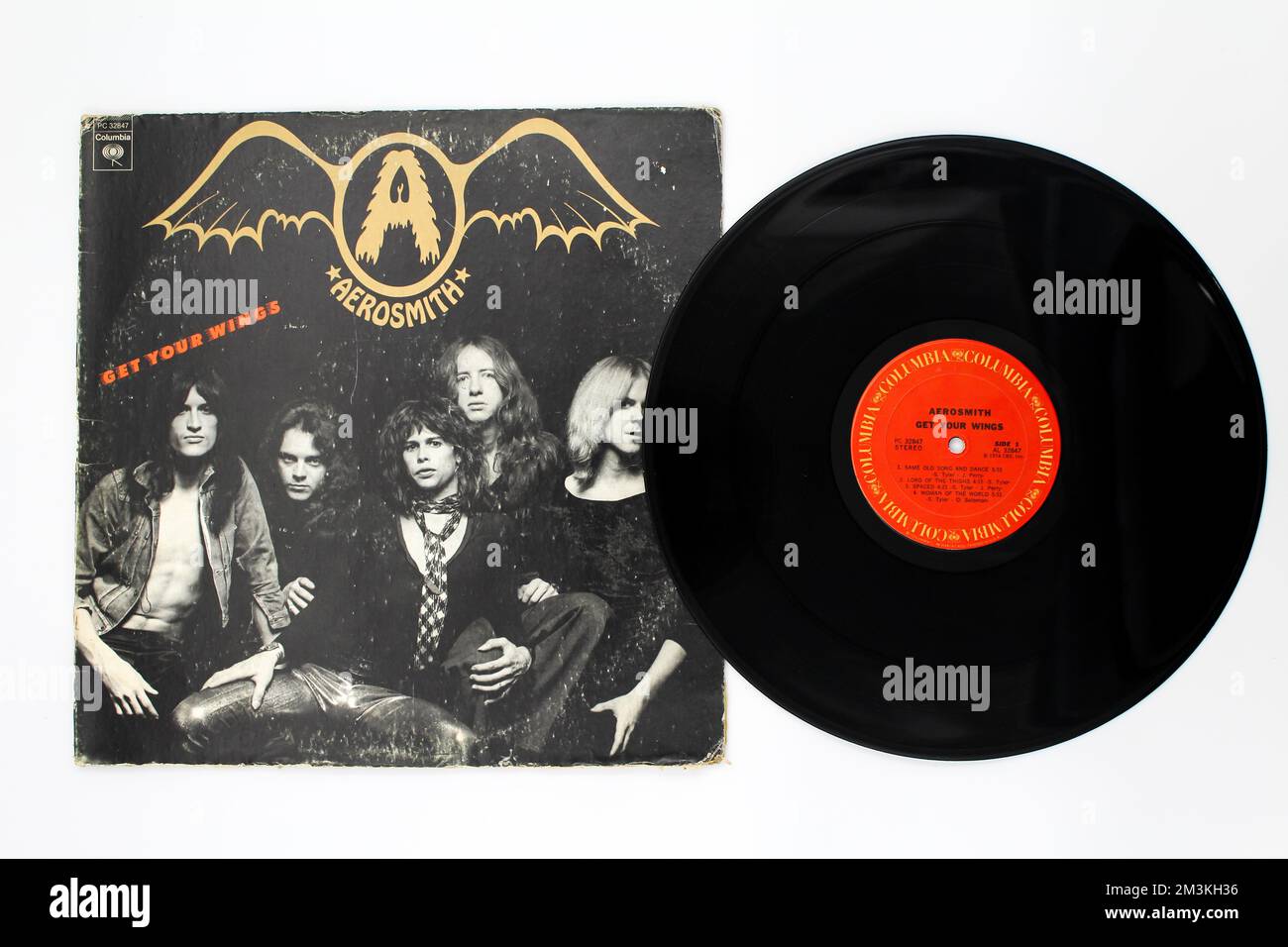 Klassische Rockband, Aerosmith, Musikalbum auf Schallplatten-LP-Disc. Mit Dem Titel: Hol Dir Deine Flügel. Albumcover Stockfoto