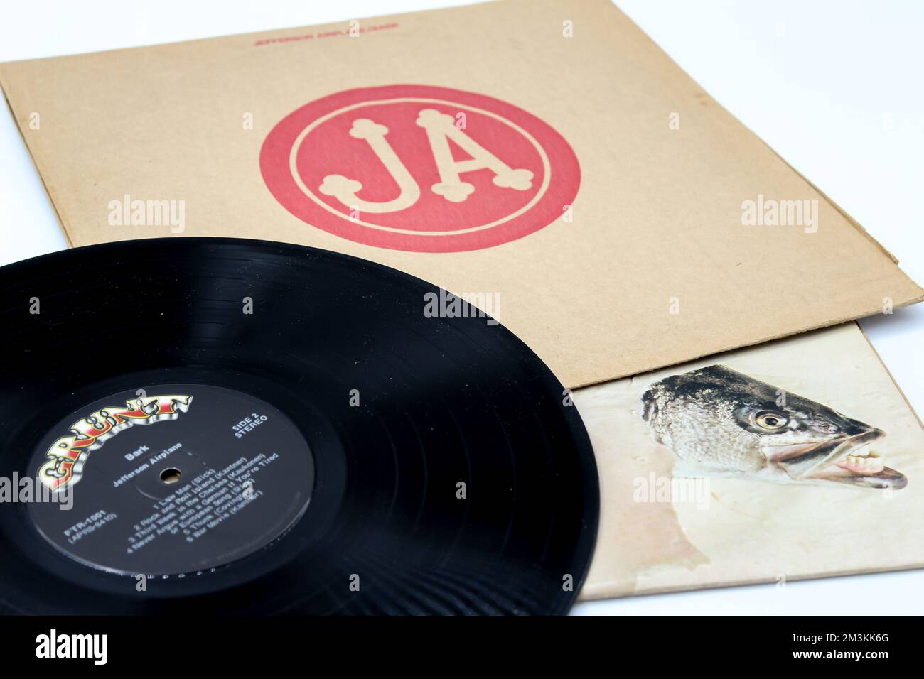 Psychedelik-Rockband, Jefferson Airplane-Musikalbum auf Vinyl-LP. Titel: Bark Albumcover Stockfoto