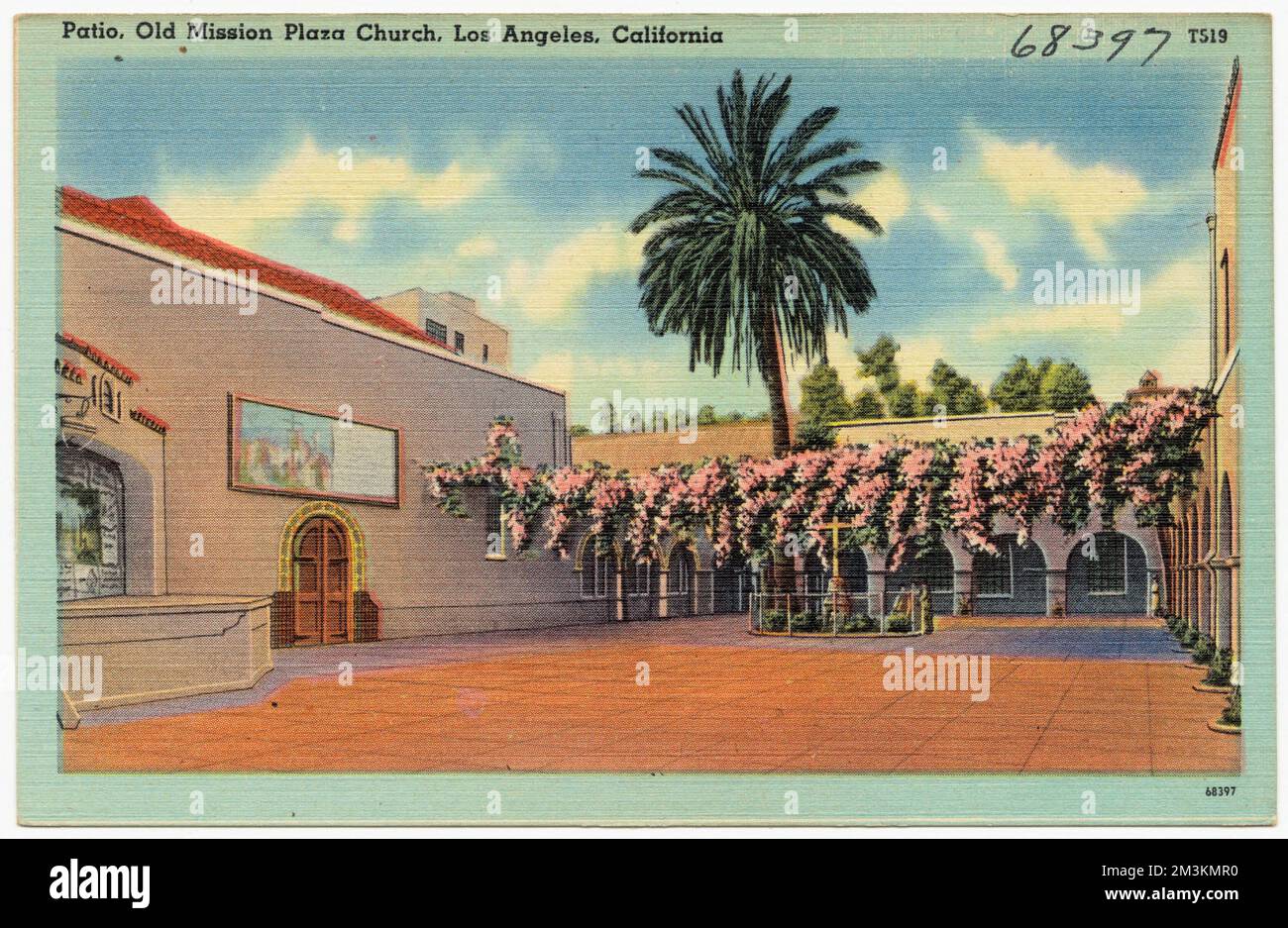 Patio, Old Mission Plaza Church, Los Angeles, Kalifornien, Kirchen, Tichnor Brothers Collection, Postkarten der Vereinigten Staaten Stockfoto