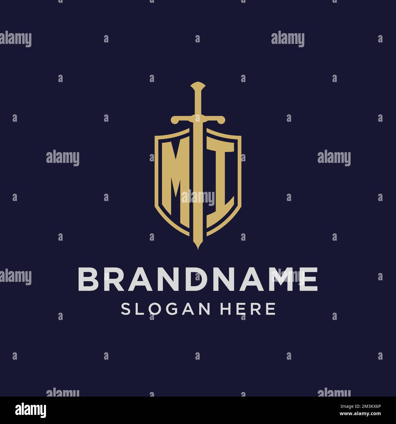 ERSTES Monogramm MIT MI-Logo und Design-Ideen für Schild und Schwert Stock Vektor