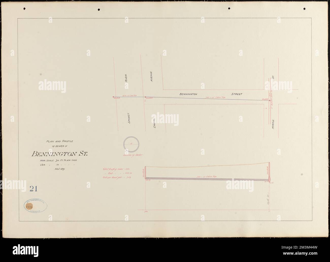 Plan und Profil der Kanalisation in der Bennington St. Abwasserkanäle, Straßen. Lawrence Stockfoto