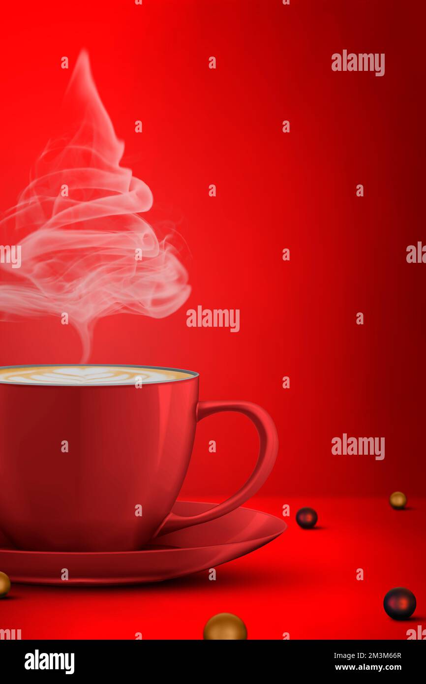 Weihnachtsbaumform einer dampfenden Kaffeetasse und weihnachtsball auf dem Boden auf rotem Hintergrund. Bereich Kopieren. Stockfoto