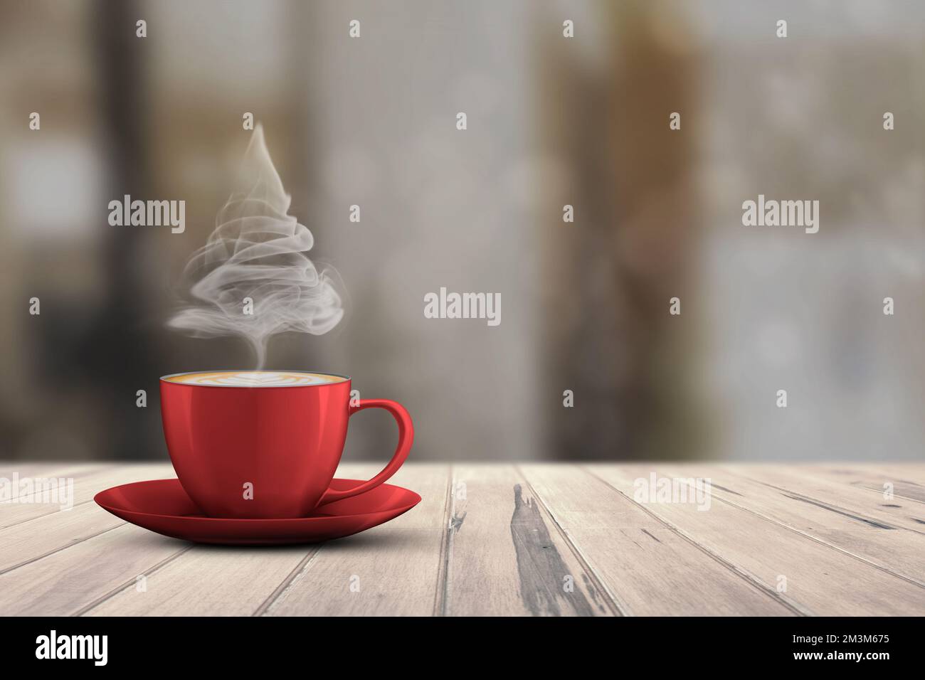 Weihnachtsbaumform einer dampfenden Kaffeetasse auf weißem Holzboden vor Bokeh-Hintergrund. Bereich Kopieren. Stockfoto