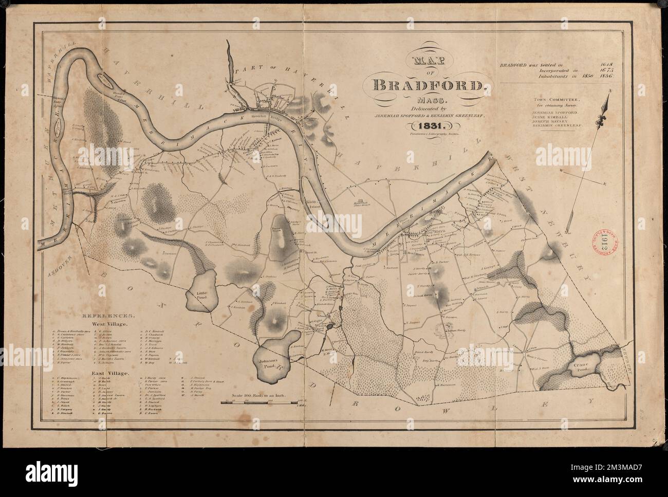 Bradford-Plan erstellt von Benjamin Greenleaf und Jeremiah Spofford, datiert von 1831. Massachusetts. Büro des Außenministers Stockfoto