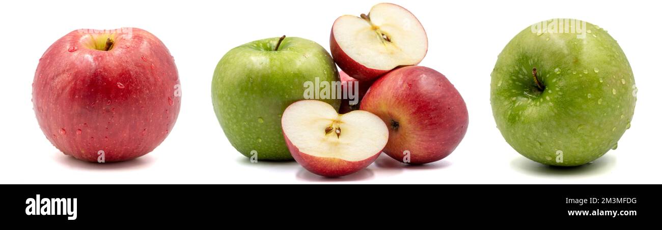 Eine Reihe von Bildern von Apple Variety. Grüner und roter Apfel isoliert auf weißem Hintergrund. Beschneidungspfad. Volle Schärfentiefe. Schließen Stockfoto