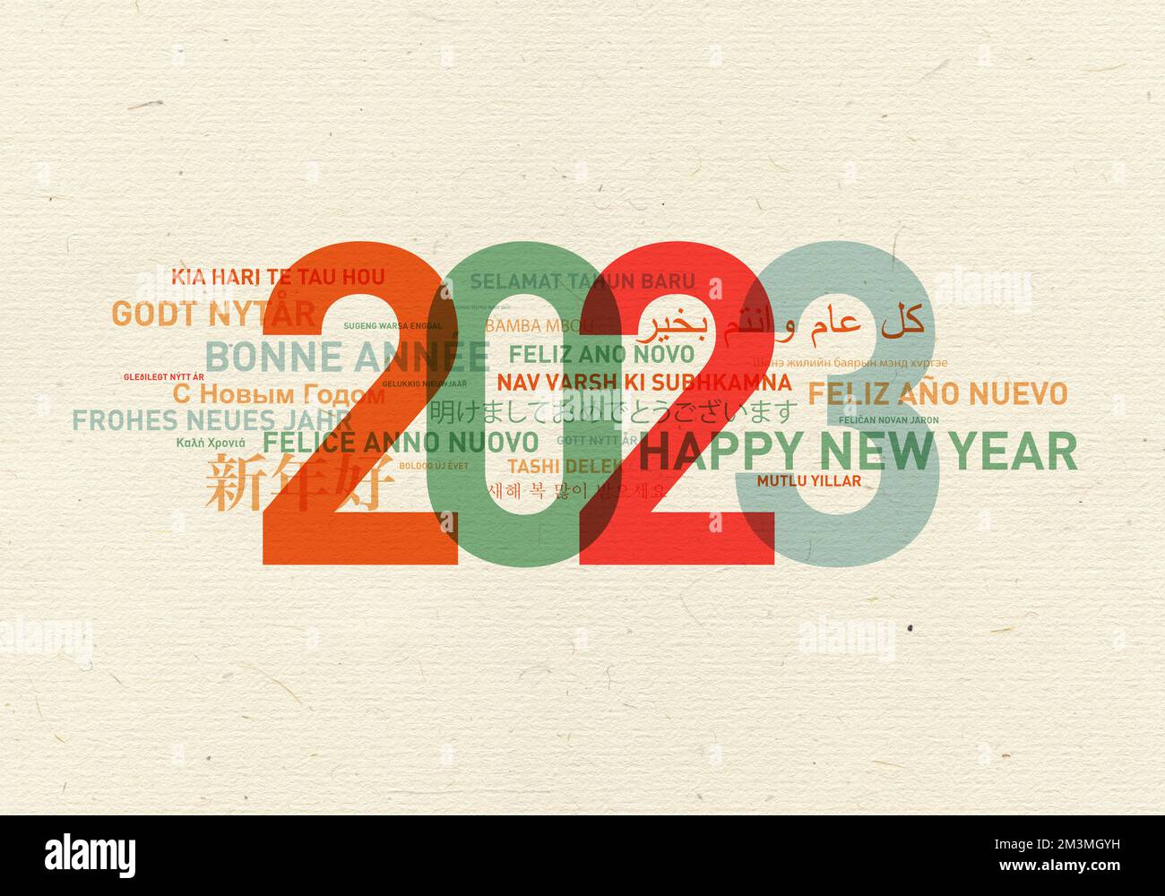 2023 Glückliche Vintage-Karte aus der Welt für das neue Jahr in verschiedenen Sprachen Stockfoto