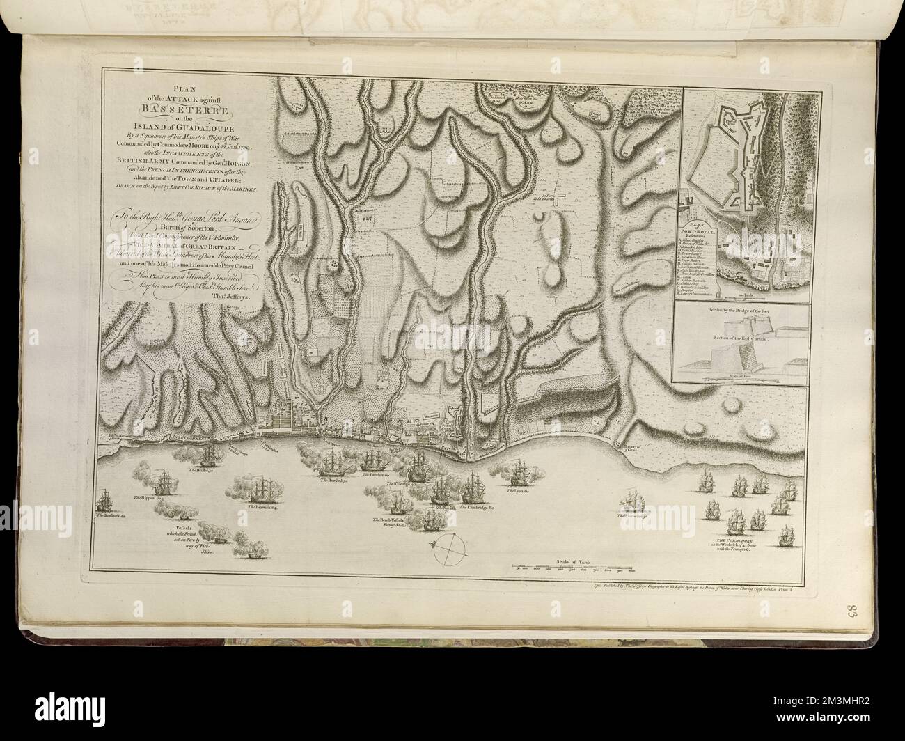 Plan des Angriffs auf Basseterre auf der Insel Guadeloupe durch ein Geschwader der Kriegsschiffe seiner Majestät unter Kommando von Commodore Moore am 22d. Januar 1759 : auch die Einställe der britischen Armee unter dem Kommando von Genl. Hopson und die französischen Intrenchments, nachdem sie die Stadt und die Zitadelle verlassen hatten, Sieben-Jahre-Krieg, 1756-1763, Karten, frühe Werke bis 1800, Westindischen Inseln, Geschichte, 1756-1763, Karten, Frühe Arbeiten bis 1800, Basse-Terre Guadeloupe, Karten, frühe Arbeiten bis 1800 Norman B. Leventhal Map Center Collection Stockfoto
