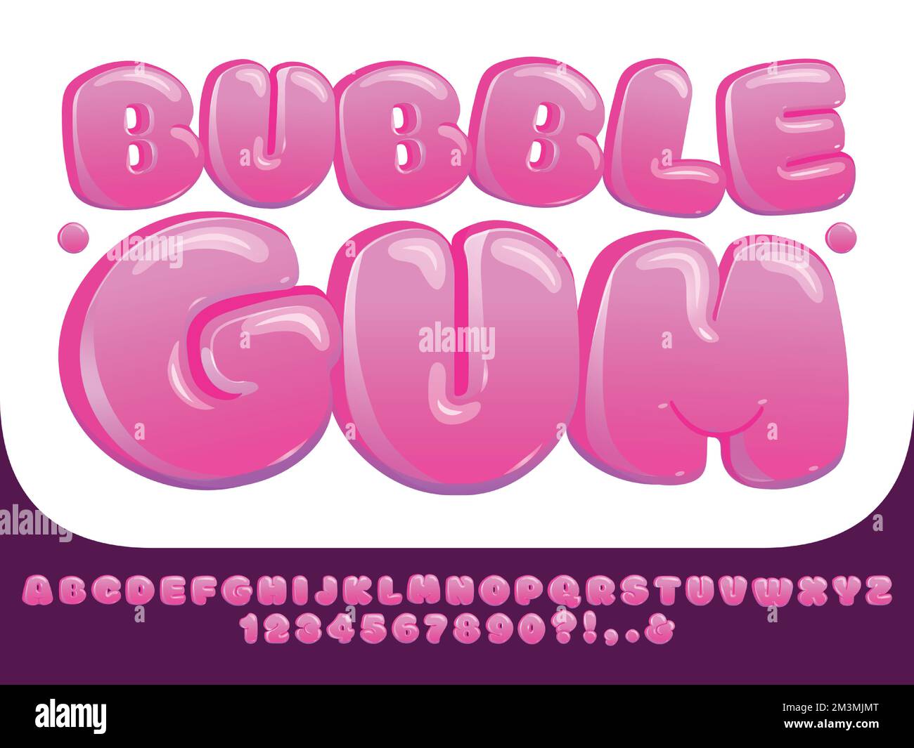 Kaugummi-Schriftart. Süße pinkfarbene, dicke Buchstaben, glänzende Lollipop-Bonbonnummern und lustige Buchstabenblasen sorgen für ein Schriftvektorset Stock Vektor