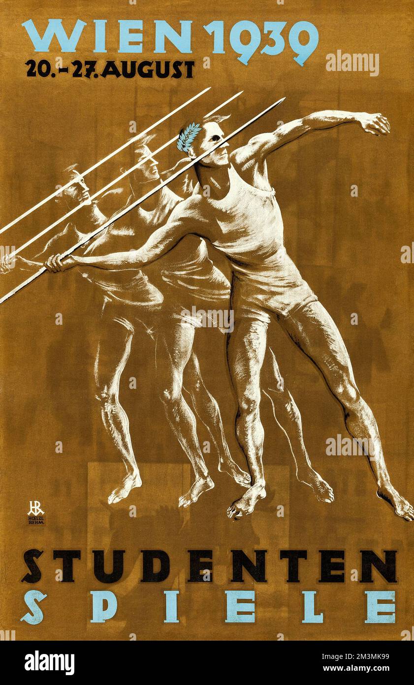 Speerwerfer - Internationale Universitätsspiele (Wien) (1939) Wien 1939, Studenten Spiele - Vintage Sport Poster Meisterleistung ein Mann wirft einen Speer Stockfoto
