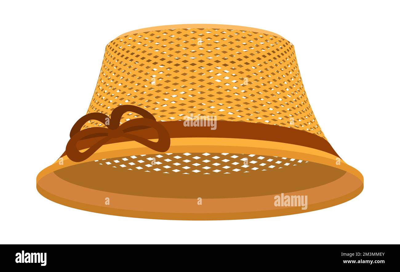 Klassischer gewebter Sommerhut für Frauen zum Schutz des Kopfes vor der Sonne. Kopfbedeckungen aus natürlichen Materialien. Weibliches panama mit Netzgewebe. Cartoon-Vektor isoliert auf weißem Ba Stock Vektor