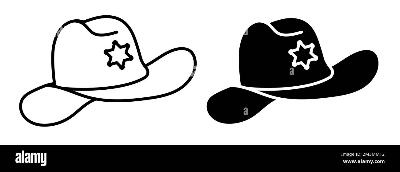Lineares Symbol, Sheriff, Cowboyhut mit gefaltetem Schirm. Amerikanischer Cowboy-Kopfschmuck oder Wildwest-Shooter. Einfacher Schwarzweiß-Vektor, isoliert auf Weiß Stock Vektor