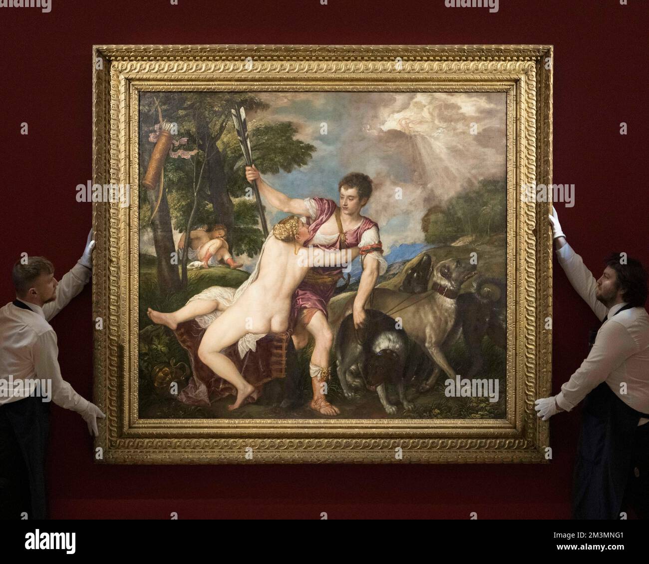 Venus und Adonis aus Tizian und Werkstatt, Öl auf Leinwand, ca. 1555-57, werden bei Sotheby's December Old Master Evening Sale verkauft. Es wird auf geschätzt Stockfoto