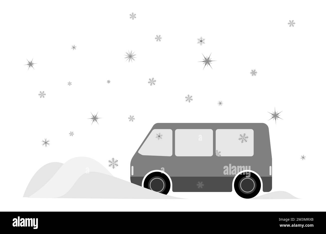 Ein Minibus, der in einer Schneeverwehung steckt. Winterfahrten. Säubern von schneebedeckten Geräten. Stock Vektor