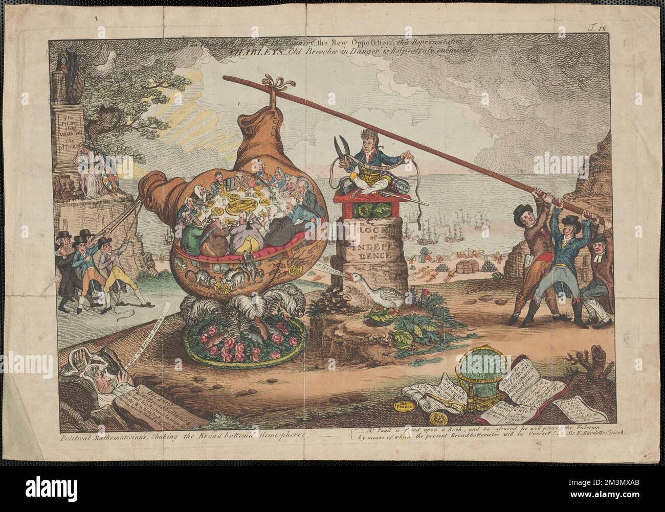 Politische Mathematiker, die die Unterhemisphären erschüttern, Politiker, Adel, Militäroffiziere, Autoren, Regierungsbeamte, Richter, Schauspielerinnen, Essen und Trinken, Kriegsräuber, Ziehen, John Bull symbolische Figur, Britannia symbolische Figur, Erskine, Thomas Erskine, Baron, 1750-1823, Sheridan, Richard Brinsley, 1751-1816, Buckingham und Chandos, Richard Temple Nugent Brydges Chandos, Herzog von, 1776-1839, Burdett, Francis, 1770-1844, Canning, George, 1770-1827, Cobbett, William, 1763-1835, Fox, Charles James, 1749-1806, Lansdowne, Henry Petty-Fitzmaurice, Marquess of, 1780-1863, Stockfoto