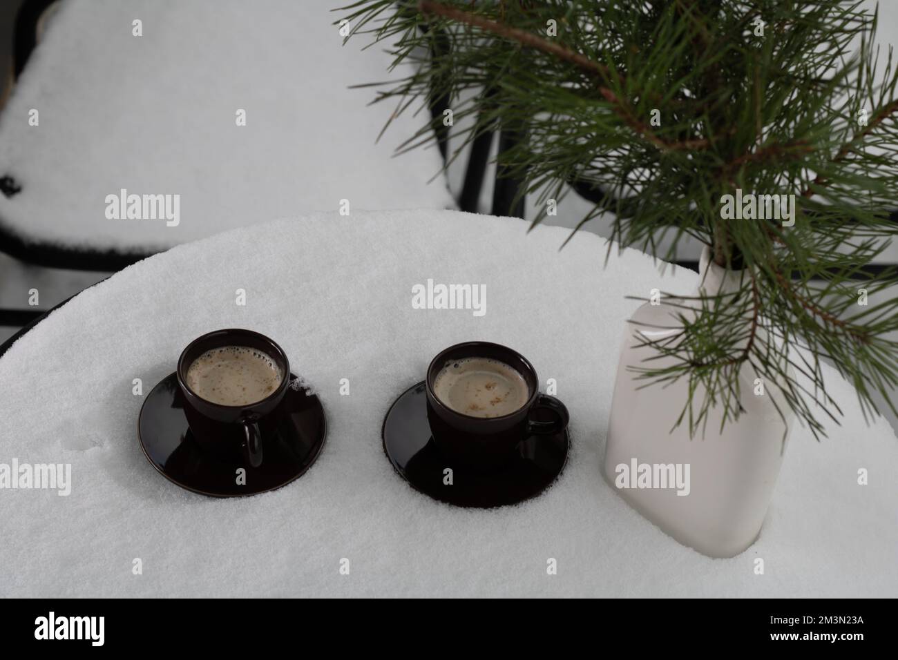 Ein Tannenzweig in einer weißen Vase und zwei Kaffeetassen auf Untertassen auf einem mit Schnee bedeckten Tisch Stockfoto