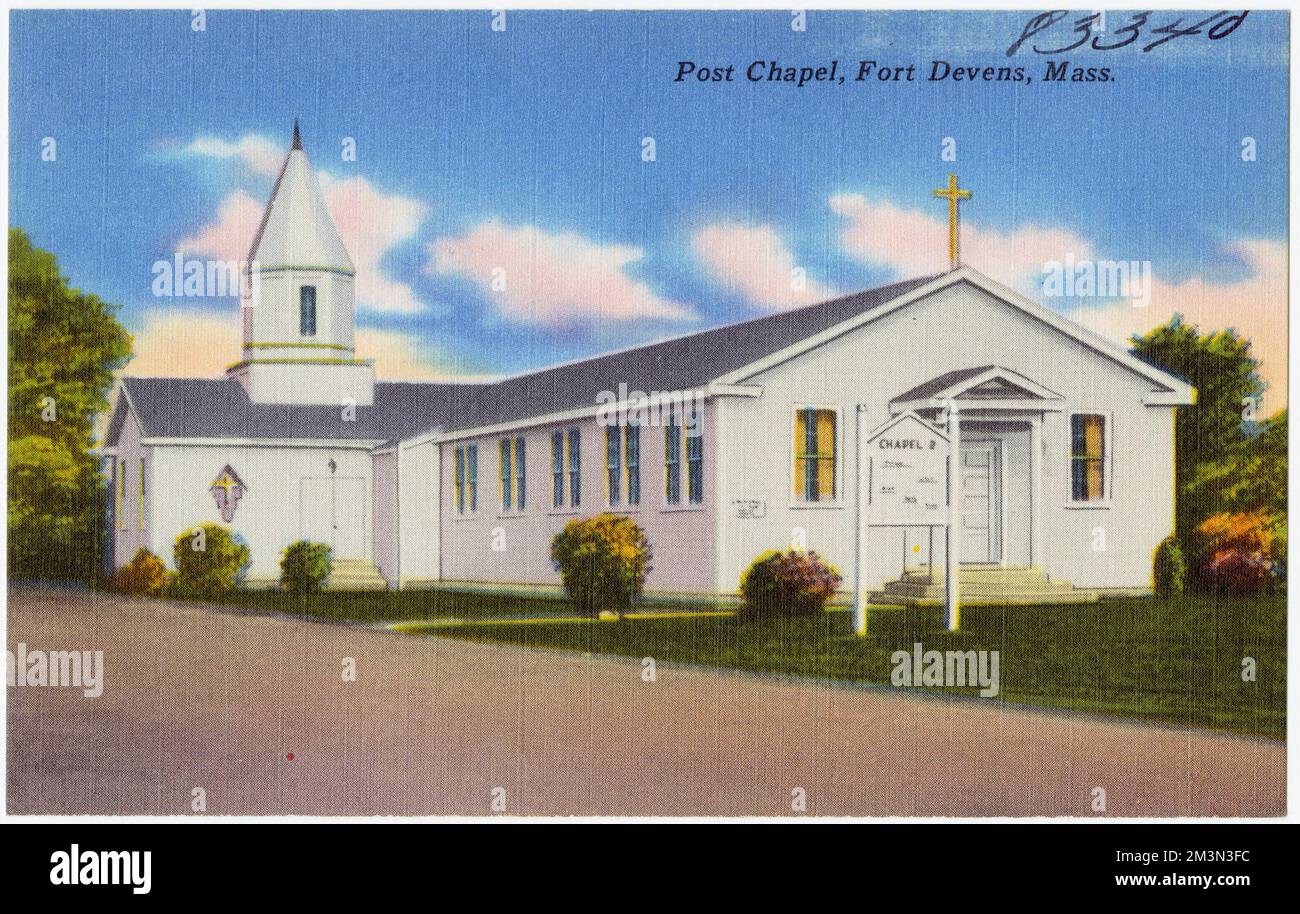 Post Chapel, Fort Devens, Mass. , Kapellen, Militäreinrichtungen, Tichnor Brothers Collection, Postkarten der Vereinigten Staaten Stockfoto