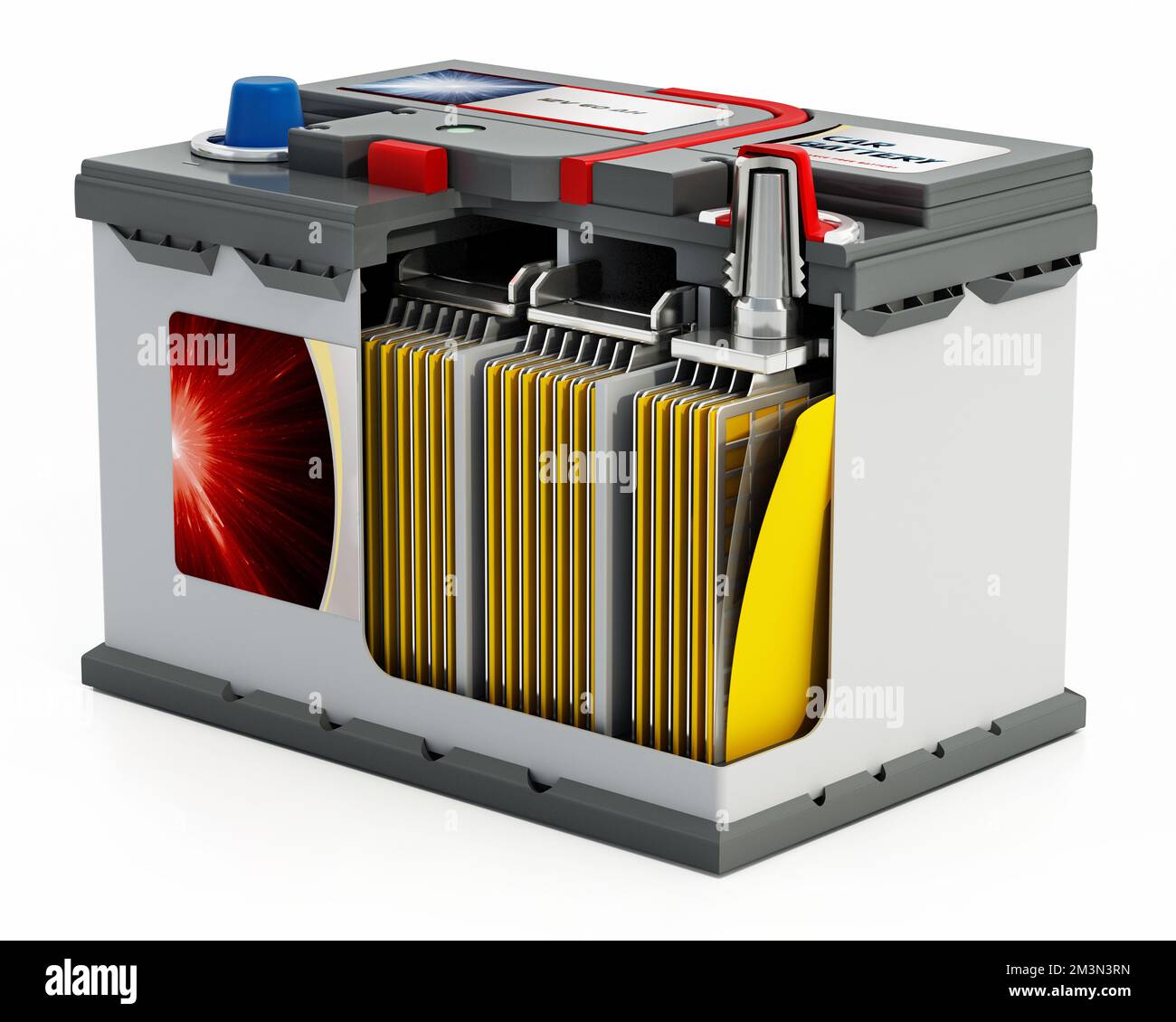 3D Abbildung einer generischen Autobatterie, die einen Teil des inneren Aufbaus der Batterie zeigt. Stockfoto