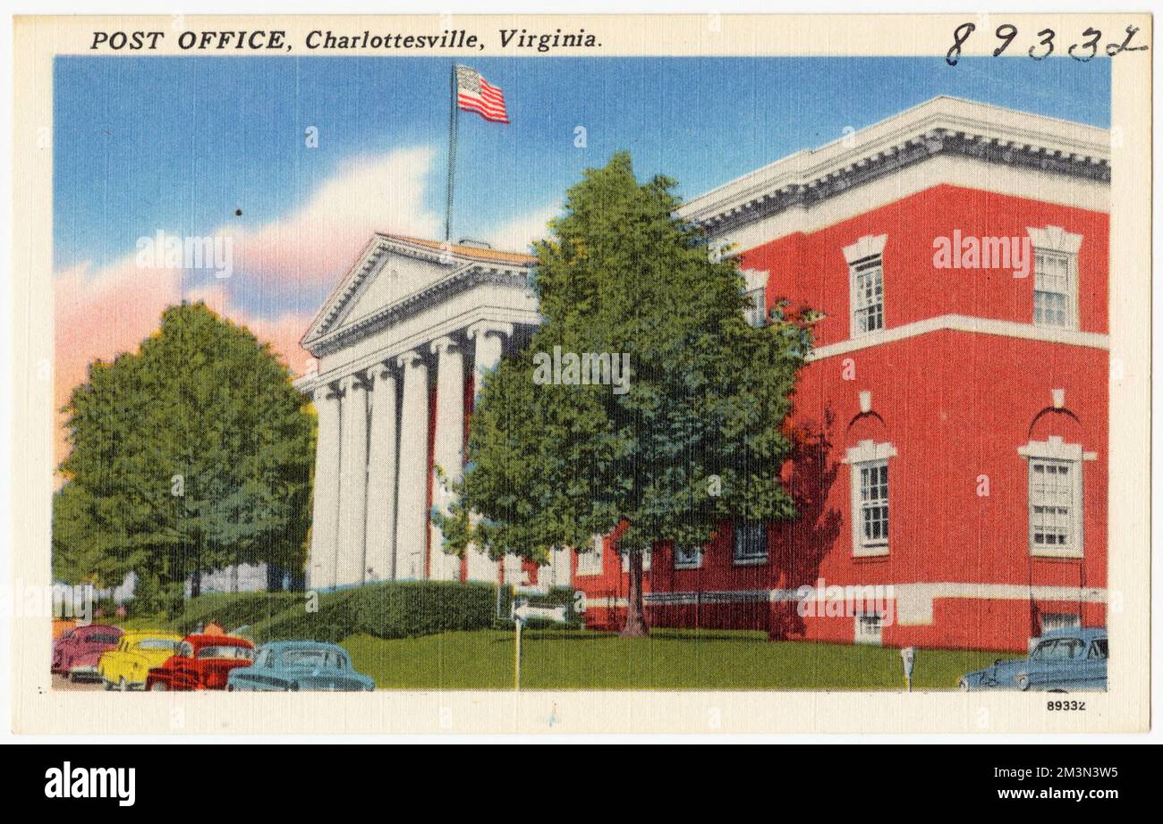 Postamt, Charlottesville, Virginia. , Postämter, Tichnor Brothers Collection, Postkarten der Vereinigten Staaten Stockfoto