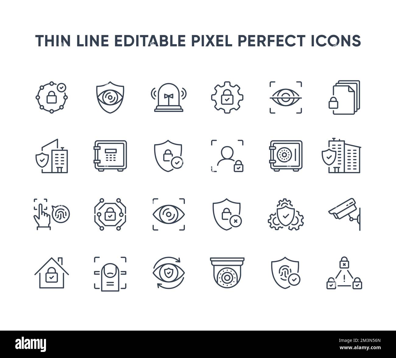 Symbole für Sicherheitsvektorlinien. Symbolsammlung für Datenschutz und Heimschutz. Sicherheitssymbole für Privateigentum. Bearbeitbare Pixel Perfect Stock Vektor