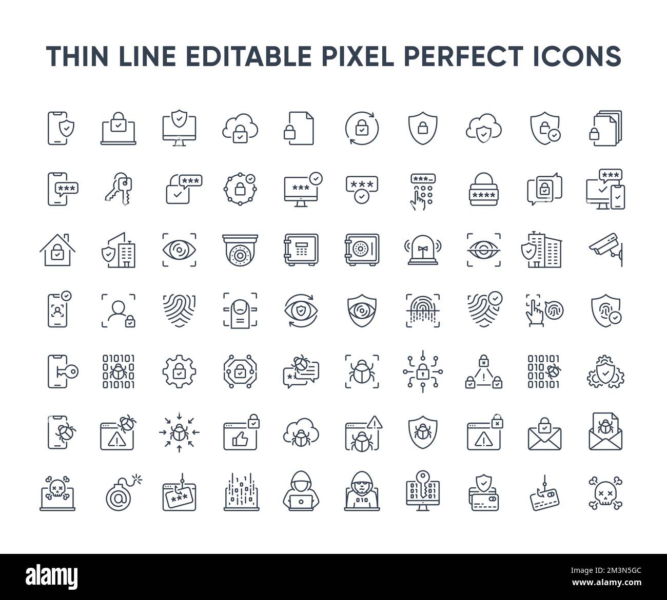 Riesige Sicherheitsvektorlinien-Symbolgruppe. Symbolkollektion „Schutz und Sicherheit“. Umrisssymbole in Premiumqualität. Bearbeitbare pixelgenaue Vektorelemente Stock Vektor