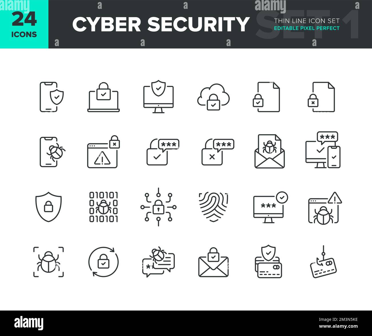 Symbolsatz für Vektorlinien der Cybersicherheit. Symbolsammlung für Datenschutz und Internetschutz. Sicherheitssymbole für Computer- und Smartphone-Netzwerke. Bearbeitbare Symbole Stock Vektor