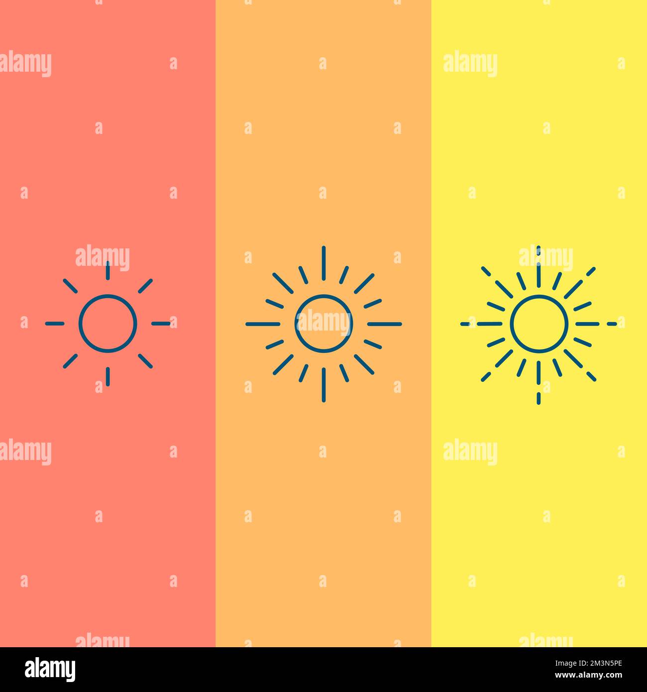 Vektorsymbole für dünne Linien der Sonne. Sonnige Ikone in einem anderen Stil. Umriss der Sonnensymbole. Vektordarstellung Stock Vektor