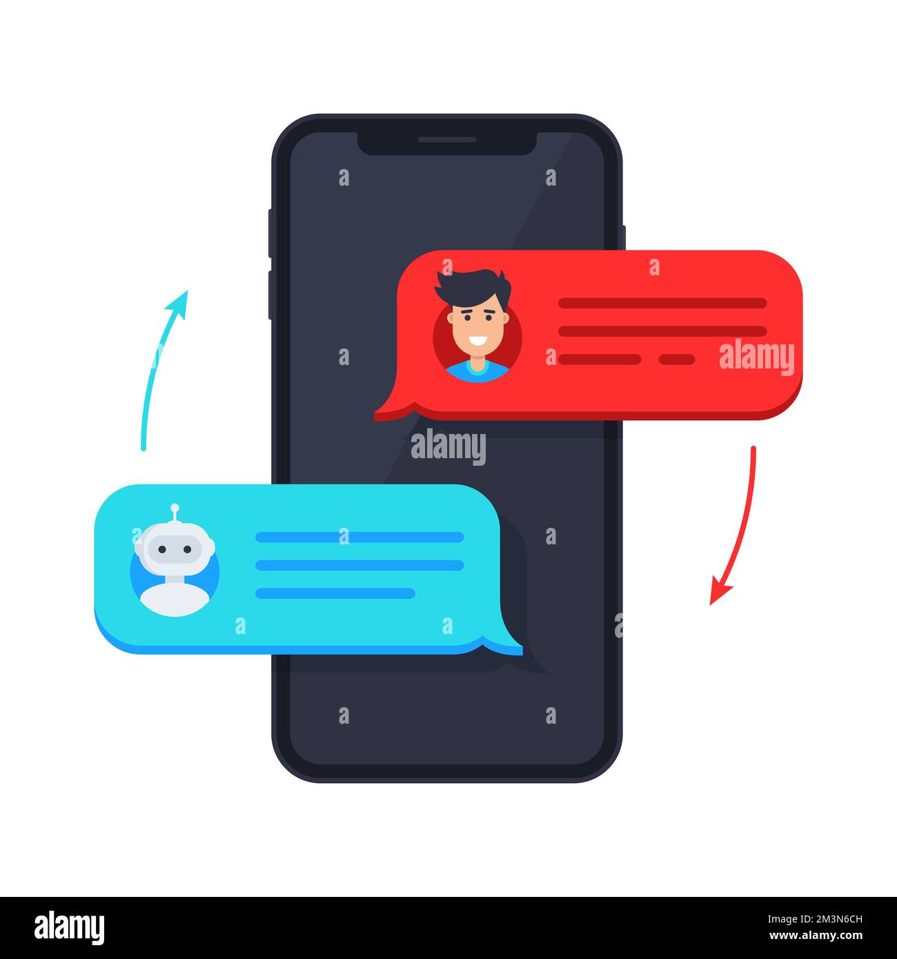 Chatbot-Symbol. Mann, der mit Chat bot auf dem Smartphone chattet. SMS-Bubbles auf dem Bildschirm des Mobiltelefons. Benachrichtigung über Chatnachrichten am Telefon. Vektordarstellung Stock Vektor