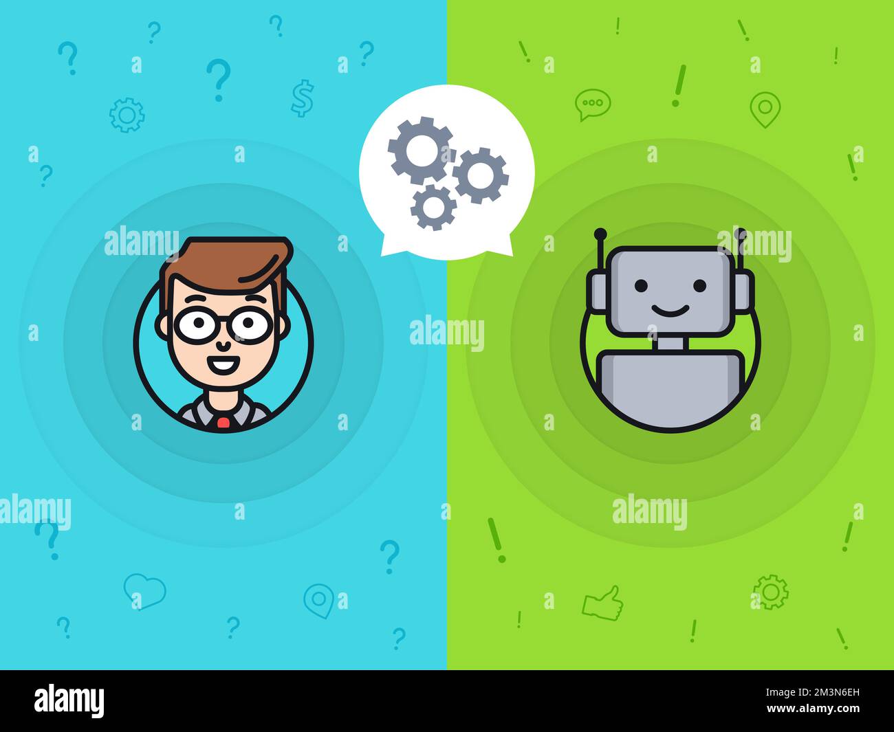 Chatbot-Konzept. Ein Mann, der mit einem Chat-bot chattet. Interaktion mit dem Roboter des Kundensupports. Ändern von Einstellungen mit einem bot online. Unterhaltung mit Chatbot Stock Vektor