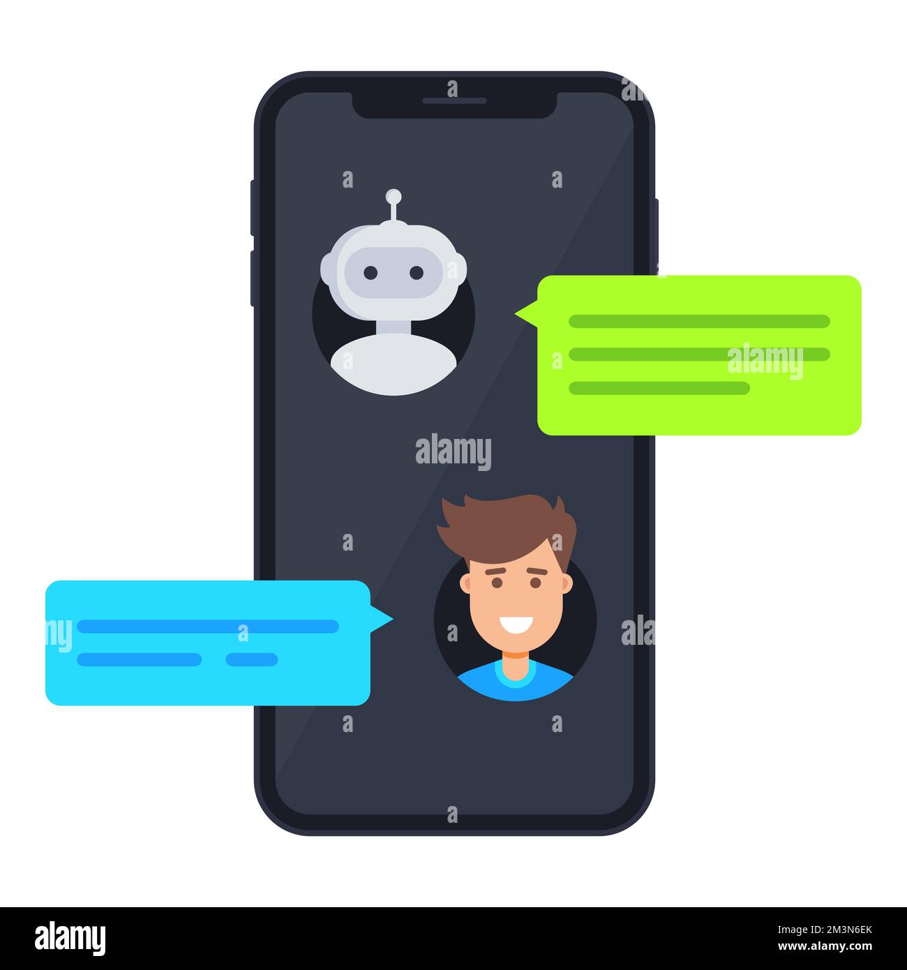 Chatbot-Konzept. Mann, der mit Chat bot auf dem Smartphone chattet. Telefonbotenkonzept. Onlinekonversation mit Textnachricht. Flache Vektordarstellung Stock Vektor