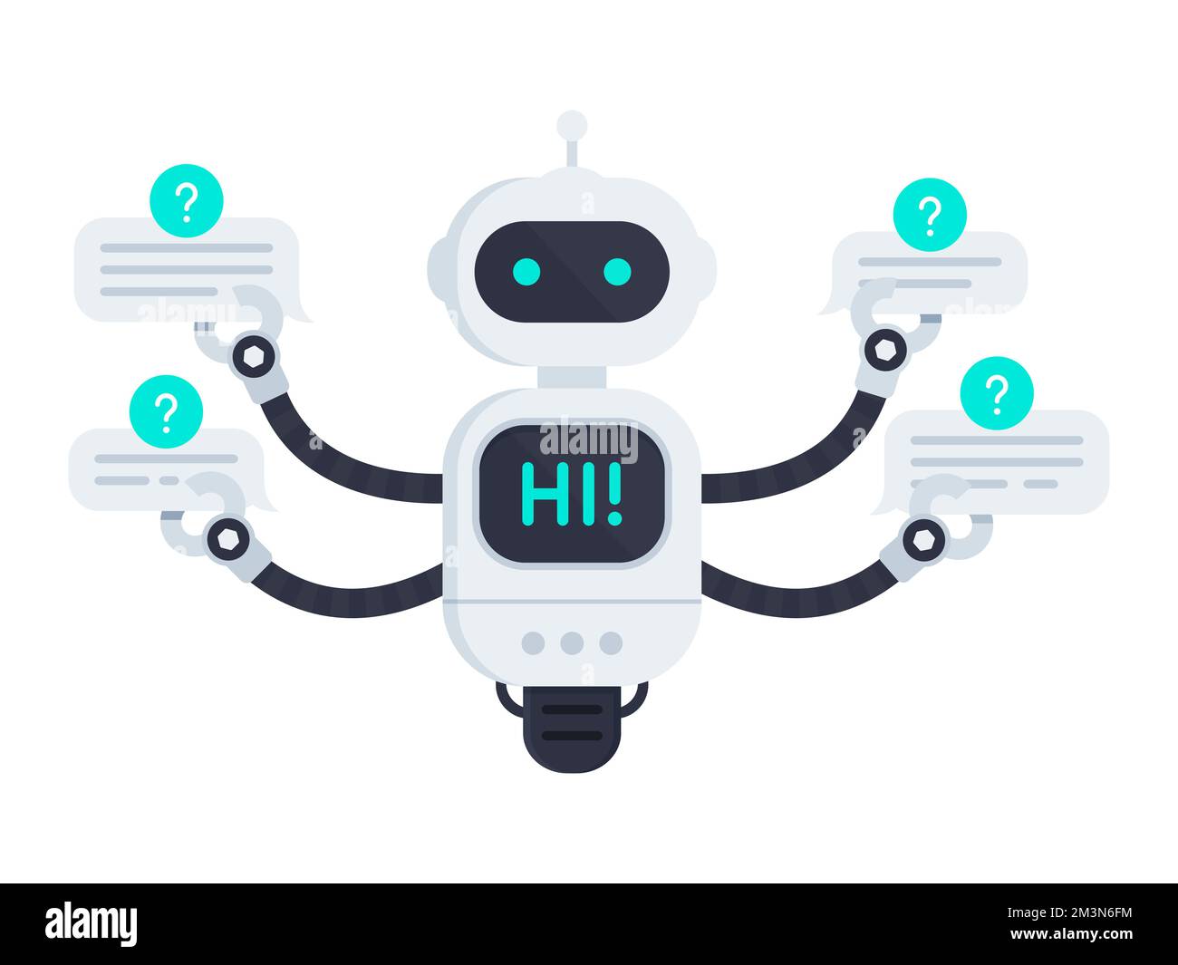 Roboter isoliert auf weiß. Chat bot hält Sprechblasen. Bot sagt Hallo auf dem Bildschirm und hat ein einzelnes Rad. Kundendienst-Chatbot. Vektor Stock Vektor