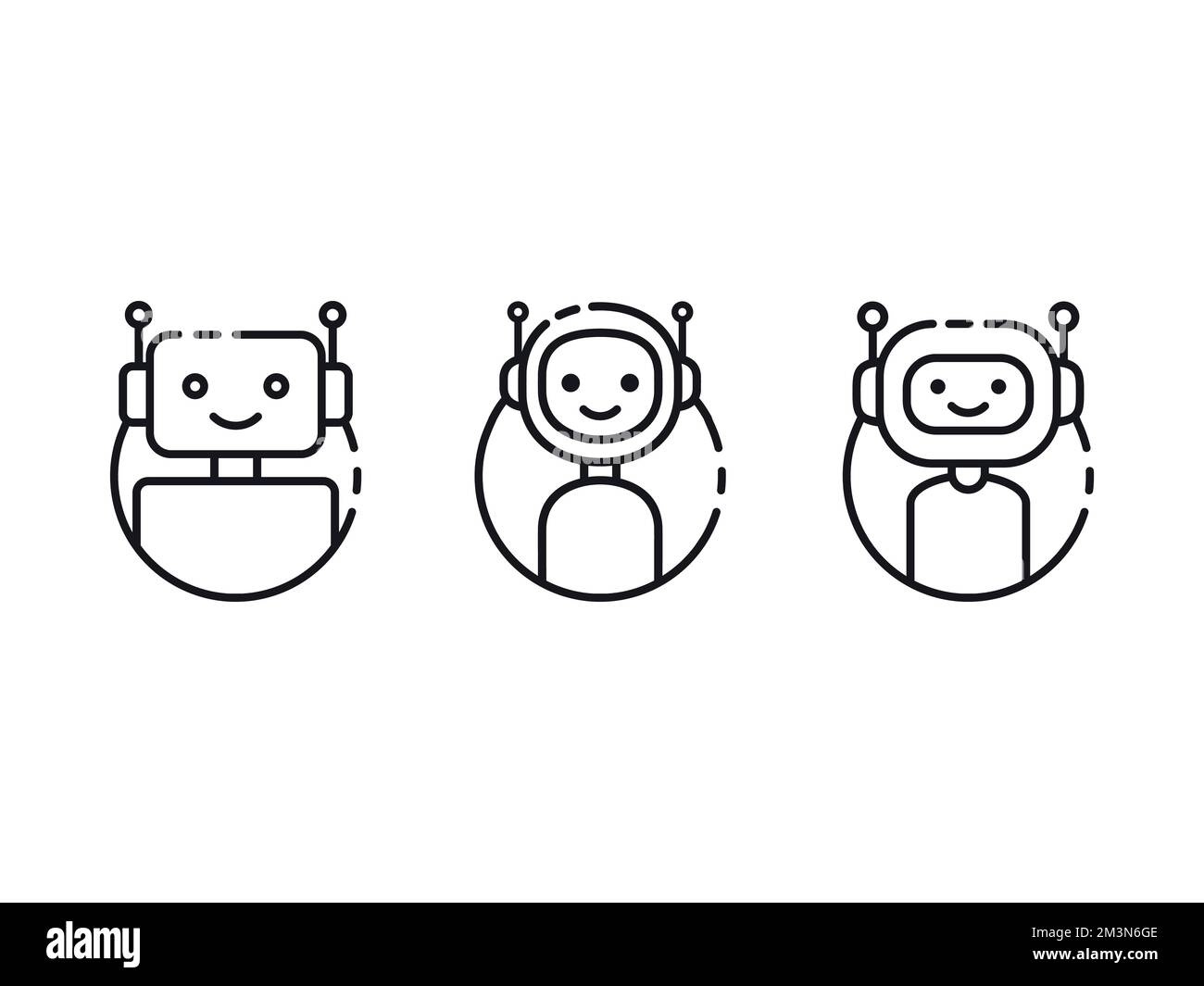 Symbolgruppe für Chatbot-Vektorlinien. Design der Roboterlinie. Niedliche Lächelnde Roboterkollektion mit Charakteren. Moderne, auf Weiß isolierte Robotercharaktere Stock Vektor