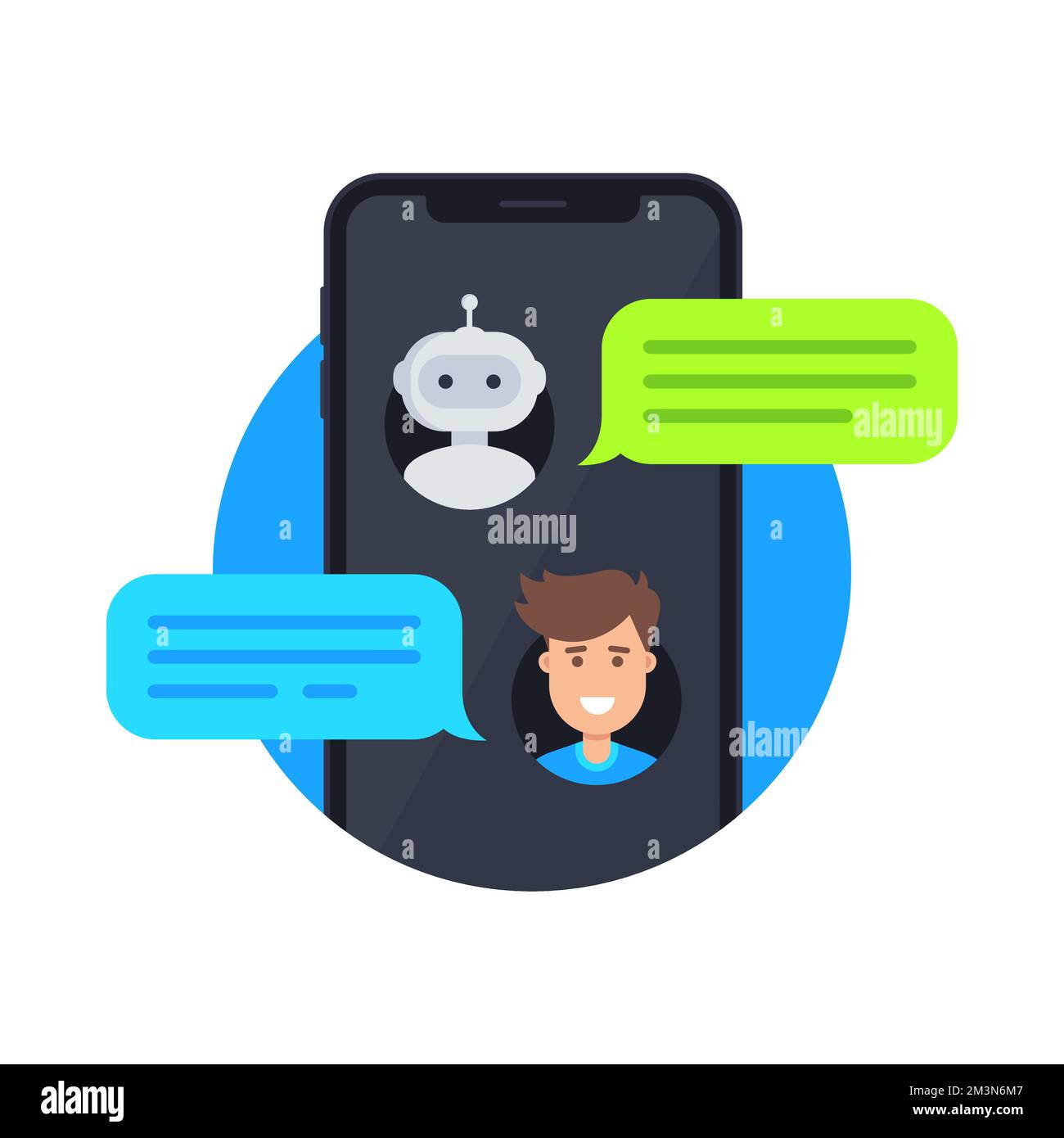 Konzept des Chatbot-Symbols. Mann und Roboter chatten über Smartphone. Symbol für den Messenger für den Kundenservice (Konzept). Ein junger Mann spricht mit einem Chatbot auf dem Handy Stock Vektor